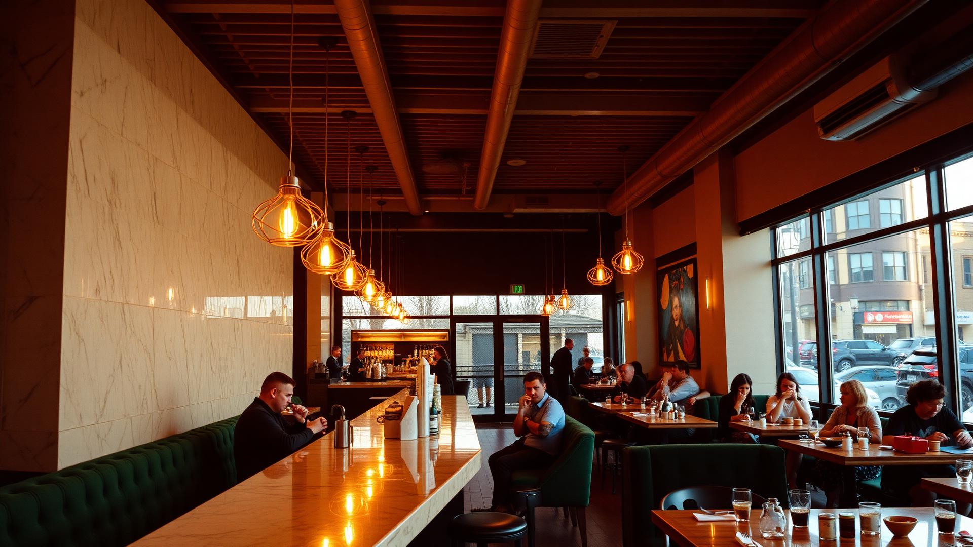 Cinematic interior of Bátrachos cafe at golden hour